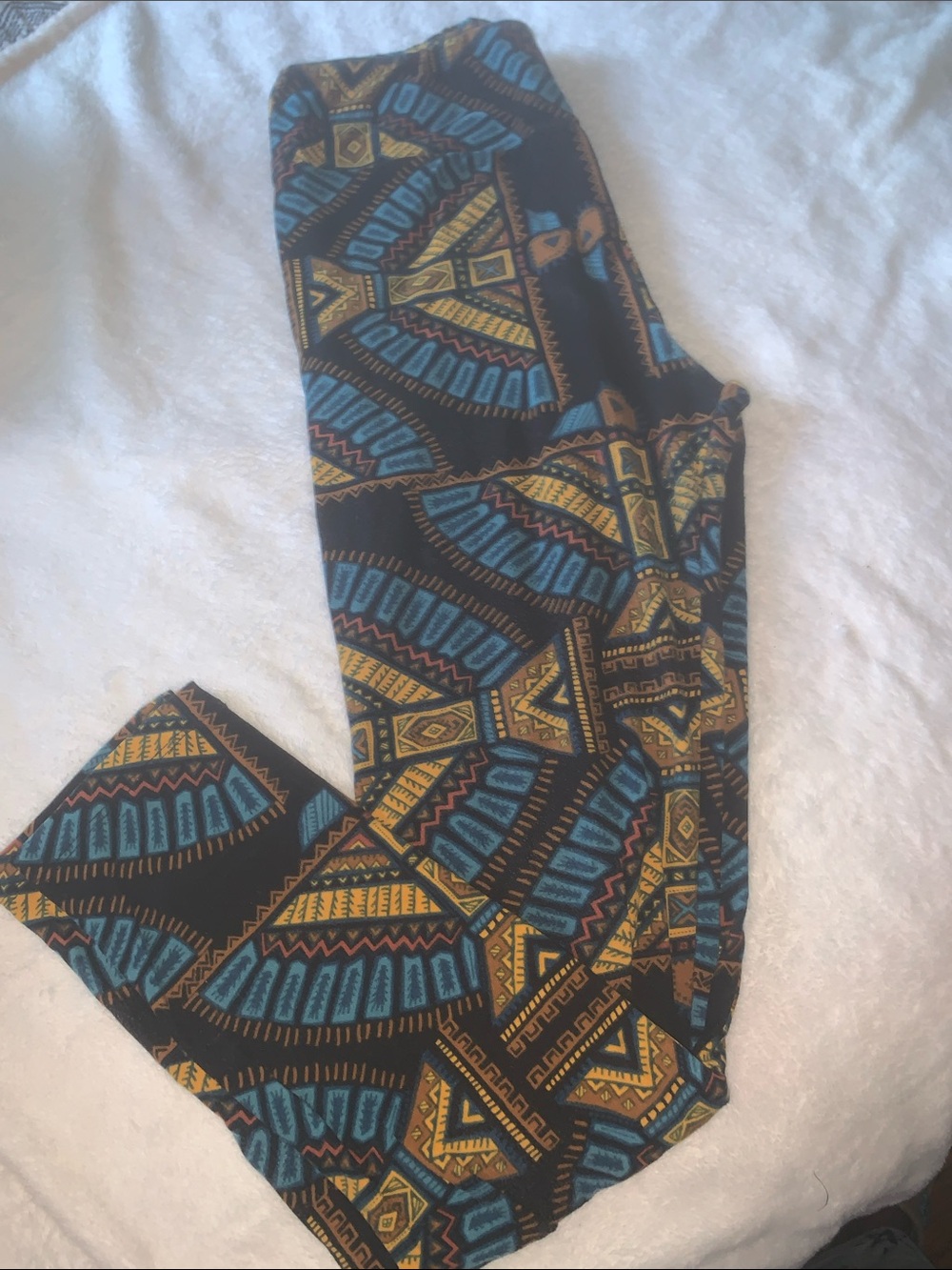 LuLaroe Black Aztec Print Leggings with Blue and Gold Accents